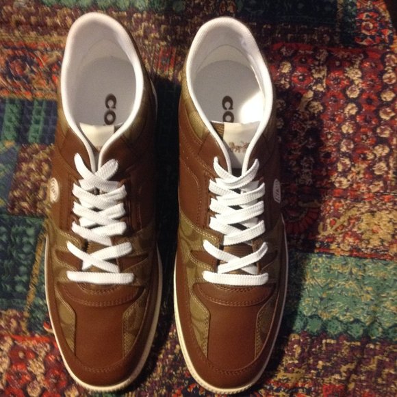 Coach men's Signature Mid Brown Leather & Coated Canvas Sneakers - New in Box - Picture 2 of 10
